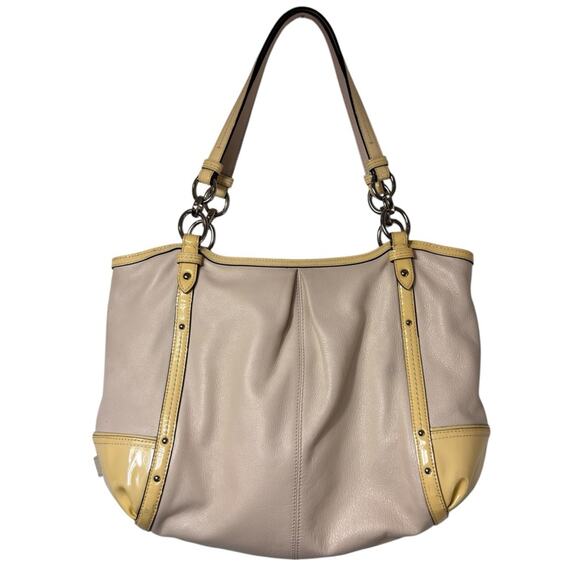 COACH ALEXANDRA CHAIN STONE LEATHER TOTE HOBO YELLOW CREAM SHOULDER HANDBAG - Picture 1 of 10
